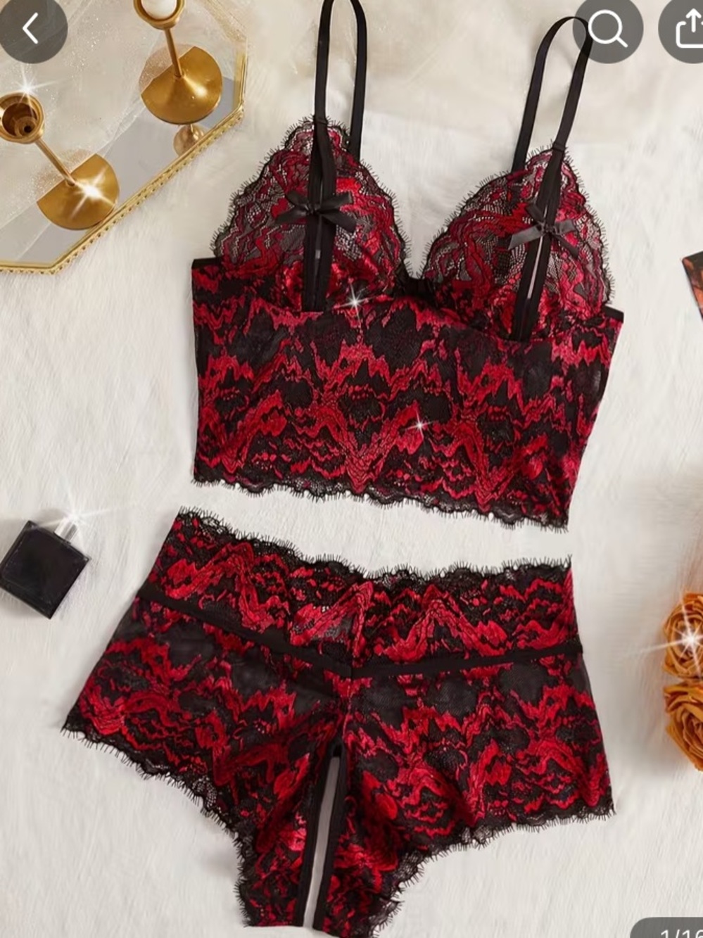 Lace Bralette & Short Set - Red and Black